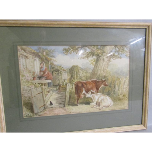 452 - Unsigned 19c - two cattle under a tree next to a cottage with a lady outside, watercolour. Framed an... 