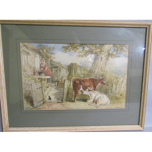 452 - Unsigned 19c - two cattle under a tree next to a cottage with a lady outside, watercolour. Framed an... 