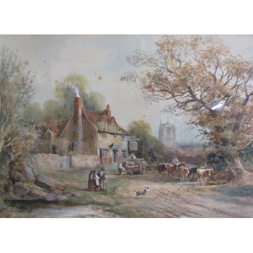 453 - A Montrose 1907 - cattle drover and cattle outside an Inn in a village setting, watercolour.  Signed... 