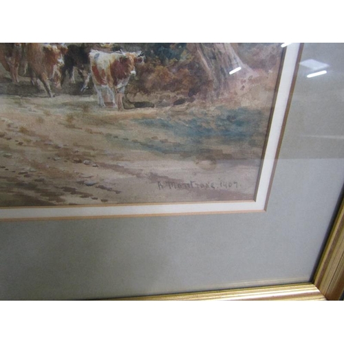 453 - A Montrose 1907 - cattle drover and cattle outside an Inn in a village setting, watercolour.  Signed... 