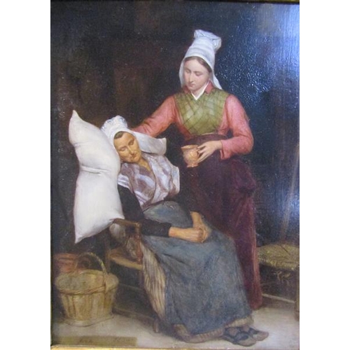 484 - Alexandra Jean Baptiste Hesse - a young lady caring for an elderly lady seated in a chair, oil on bo... 