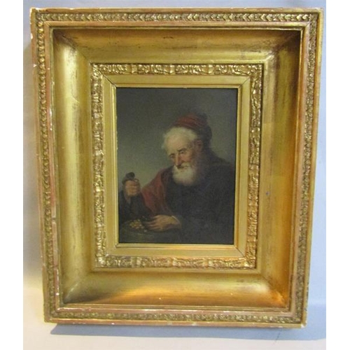 485 - Unsigned late 18c/early 19c - The Money Lender, oil on board.  Framed, 24.5cms x 18cms.