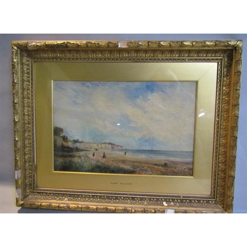 486 - Harry Williams - 19c beach scene with mother and child in the foreground, cliffs and sailing vessels... 