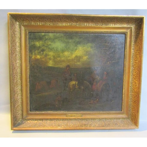 487 - Philip Wouverman - a meeting of travellers on horseback, oil on canvas.  Framed, 43cms x 51cms.