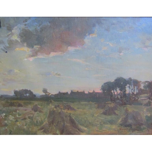 488 - David Alison - a harvest field at dusk, oil on board.  Signed, framed, 29cms x 30cms.