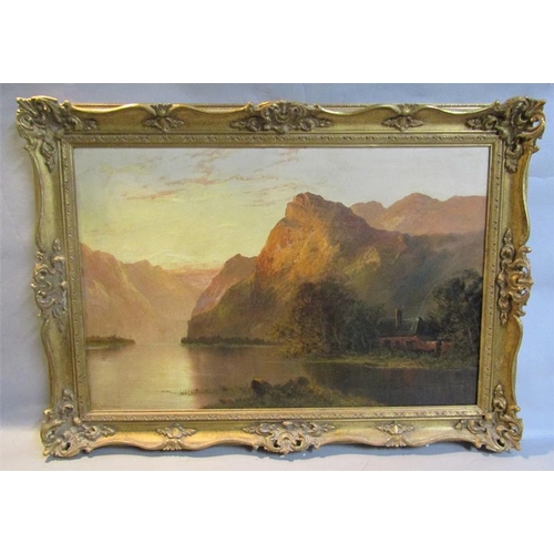 490 - F E Jamieson - Scottish loch and mountains at sunset with cottage in the foreground, oil on canvas. ... 