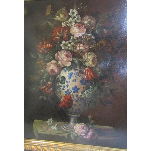 492 - Unsigned 19c Dutch School - a bouquet of flowers in a Delft baluster vase, oil on canvas. Framed, 79... 