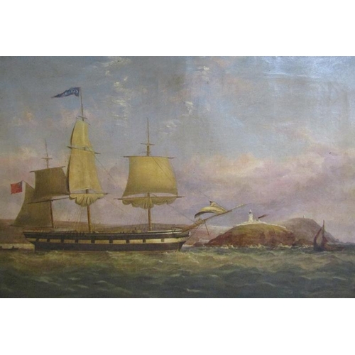 497 - J W Atkinson 1852 - A Royal Naval Barque at anchor in a coastal setting, signed and dated, oil on ca... 