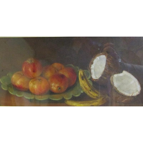 498 - Guy Palmer 1900 - a still life apples, bananas and coconut, oil on canvas, framed and glazed.  19cms... 