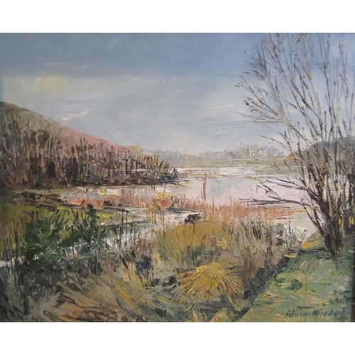 499 - Edwin Woodcock - Autumn Lakeside, signed, oil on board. Framed 24cms x 29cms.