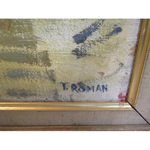 505 - T Roman- A summertime stroll in a French town setting, signed, oil on canvas.  Framed, 52cms x 67cms... 