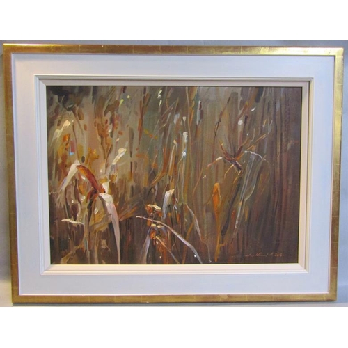 508 - Melvyn Warren-Smith 2014 - Autumn reeds and rushes, signed and dated, oil on canvas.  Framed, 74cms ... 