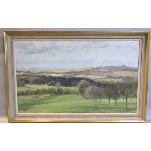 514 - Brian Bennett - Pendley with Vale of Aylesbury beyond, signed in mono BTNB '72, oil on canvas, frame... 