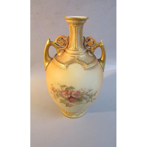 410 - Early 20c Royal Worcester blush ivory two handle vase, floral decoration - shape 1200, date code for... 