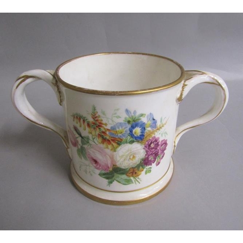 371 - A late 19c two handled christening mug,  painted on one side with a spray of English flowers and on ... 