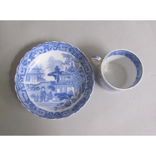 376 - A  Miles Mason coffee cup and saucer, the blue transfer print of Chinamen on a veranda. cup 6.2cms h... 