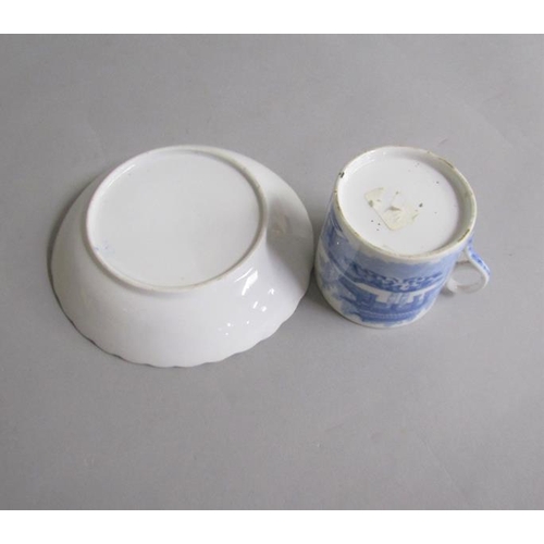 376 - A  Miles Mason coffee cup and saucer, the blue transfer print of Chinamen on a veranda. cup 6.2cms h... 