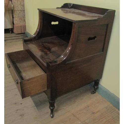 558 - Early 19c mahogany bedroom commode with three quarter gallery, hinged lift off cover over base fitte... 