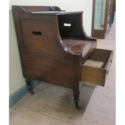 558 - Early 19c mahogany bedroom commode with three quarter gallery, hinged lift off cover over base fitte... 