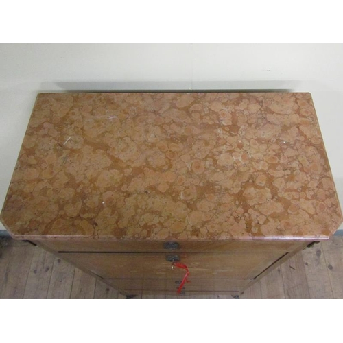 574 - A 19c Continental marble top abatement satinwood panel veneered with chequer line inlay and marquetr... 