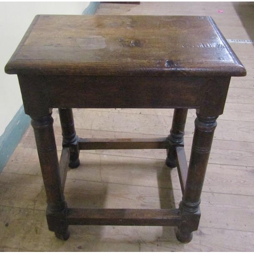 609 - An oak joint stool, the top of rectangular form with moulded edge on plain frieze with ring turned l... 