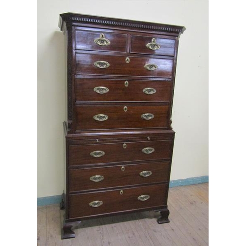 535 - A George III mahogany chest on chest, the upper section of two short and three long drawers with den... 