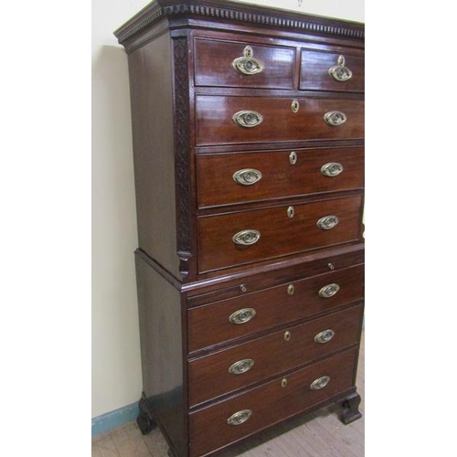 535 - A George III mahogany chest on chest, the upper section of two short and three long drawers with den... 