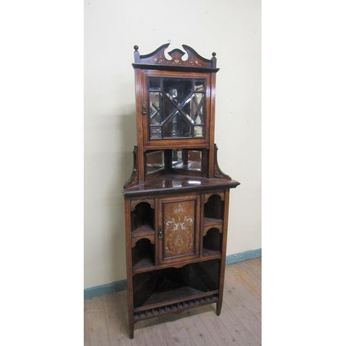 578 - A late Victorian rosewood full height corner cupboard with mirror back and upper astragal glazed cup... 