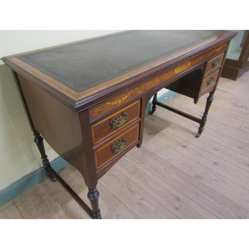 585 - A late 19c/early 20c mahogany marquetry decorated writing table with tooled green leather insert and... 