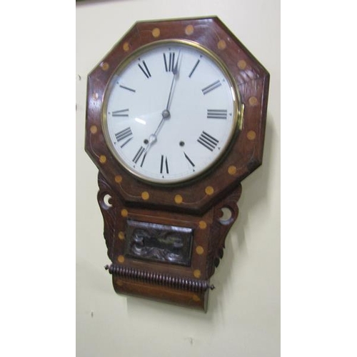 17 - A late 19c American drop dial wall clock, the 30cm dial having Roman numerals and a spun brass bezel... 