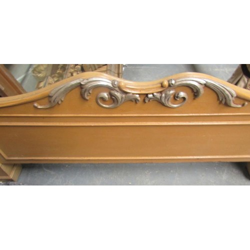 554 - A 19c painted four poster bedstead, the upholstered headboard with carved giltwood pediment, the pol... 