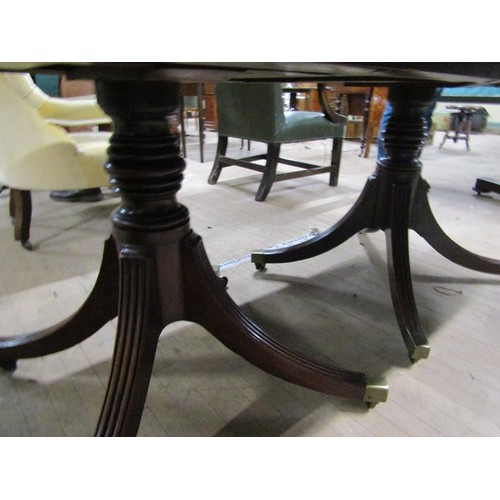 588 - A late Georgian style D end dining table with reeded edge, on two columns each with four splayed ree... 