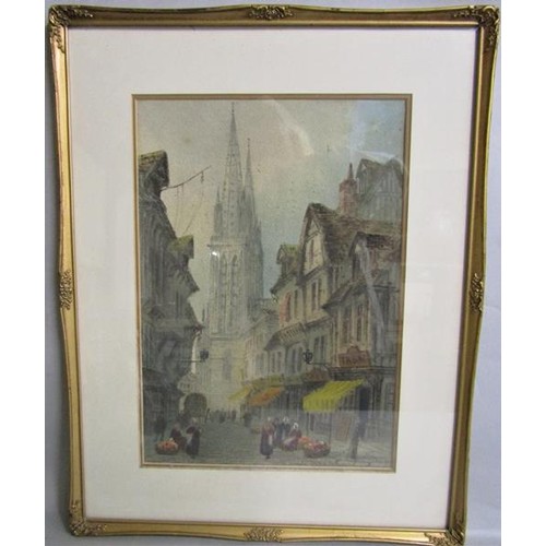 447 - Breddon - a town street in Britany, watercolour gouache, signed.  Framed and glazed 37cms x 26cms.