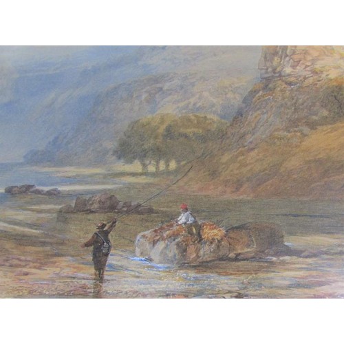 457 - W de Fleury 1863 - Fishing the river Dove in Dovedale, watercolour.  Signed, framed and glazed 41cms... 