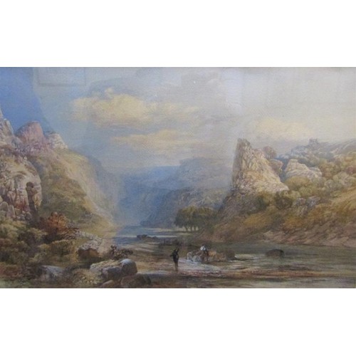 457 - W de Fleury 1863 - Fishing the river Dove in Dovedale, watercolour.  Signed, framed and glazed 41cms... 