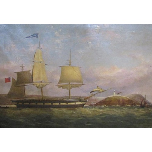 497 - J W Atkinson 1852 - A Royal Naval Barque at anchor in a coastal setting, signed and dated, oil on ca... 