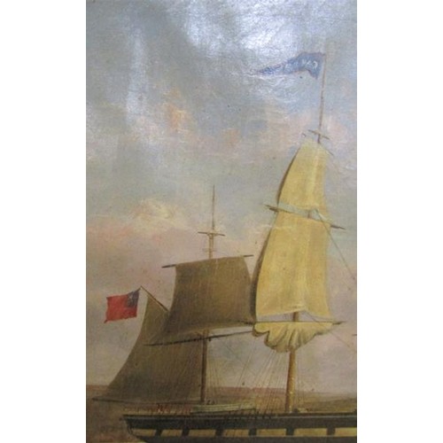 497 - J W Atkinson 1852 - A Royal Naval Barque at anchor in a coastal setting, signed and dated, oil on ca... 