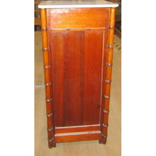 642 - A Victorian pine simulated bamboo marble top pot cupboard, 39cms w, 87cms h.