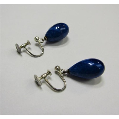 159 - A pair of Edwardian Lapis Lazuli ear drops with ovoid beads, in box.