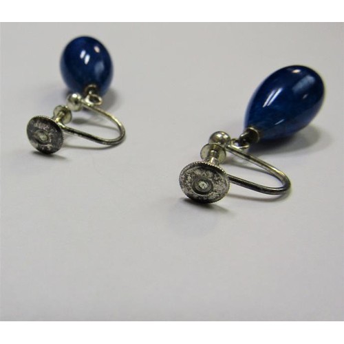 159 - A pair of Edwardian Lapis Lazuli ear drops with ovoid beads, in box.