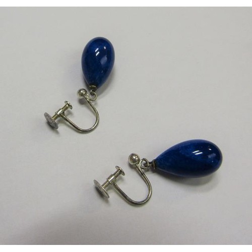 159 - A pair of Edwardian Lapis Lazuli ear drops with ovoid beads, in box.