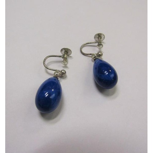 159 - A pair of Edwardian Lapis Lazuli ear drops with ovoid beads, in box.