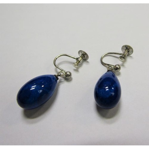 159 - A pair of Edwardian Lapis Lazuli ear drops with ovoid beads, in box.