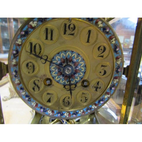 11 - A late 19c French four glass mantel clock in glazed brass case inlaid with blue ground champlevé ena... 