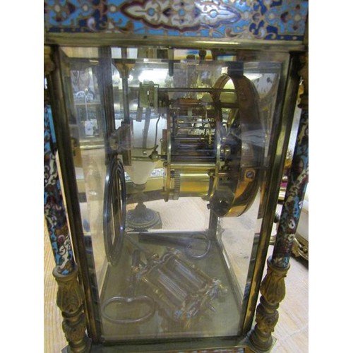 11 - A late 19c French four glass mantel clock in glazed brass case inlaid with blue ground champlevé ena... 