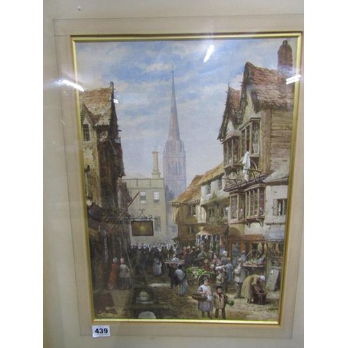 439 - Louise Rayner - a mid 19c English street market outside the Sun Inn with cathedral spire in the back... 