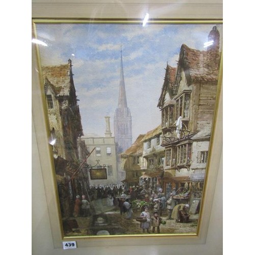 439 - Louise Rayner - a mid 19c English street market outside the Sun Inn with cathedral spire in the back... 