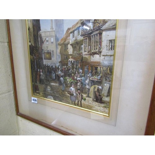 439 - Louise Rayner - a mid 19c English street market outside the Sun Inn with cathedral spire in the back... 