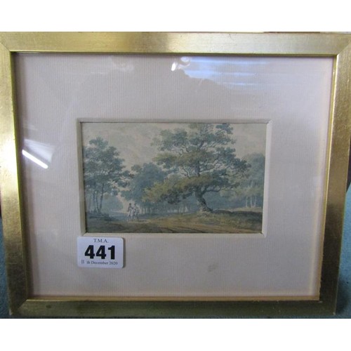 441 - George Barret 1728/1784 (signed on verso) riders on a woodland path, watercolour.  Framed and glazed... 