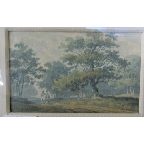 441 - George Barret 1728/1784 (signed on verso) riders on a woodland path, watercolour.  Framed and glazed... 